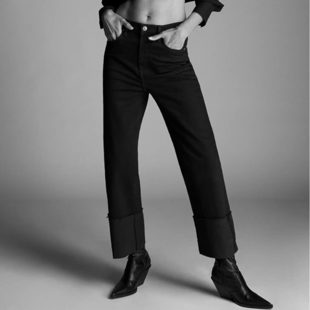 ZARA The Folded Up Wide Leg High Rise Jeans in Black 8